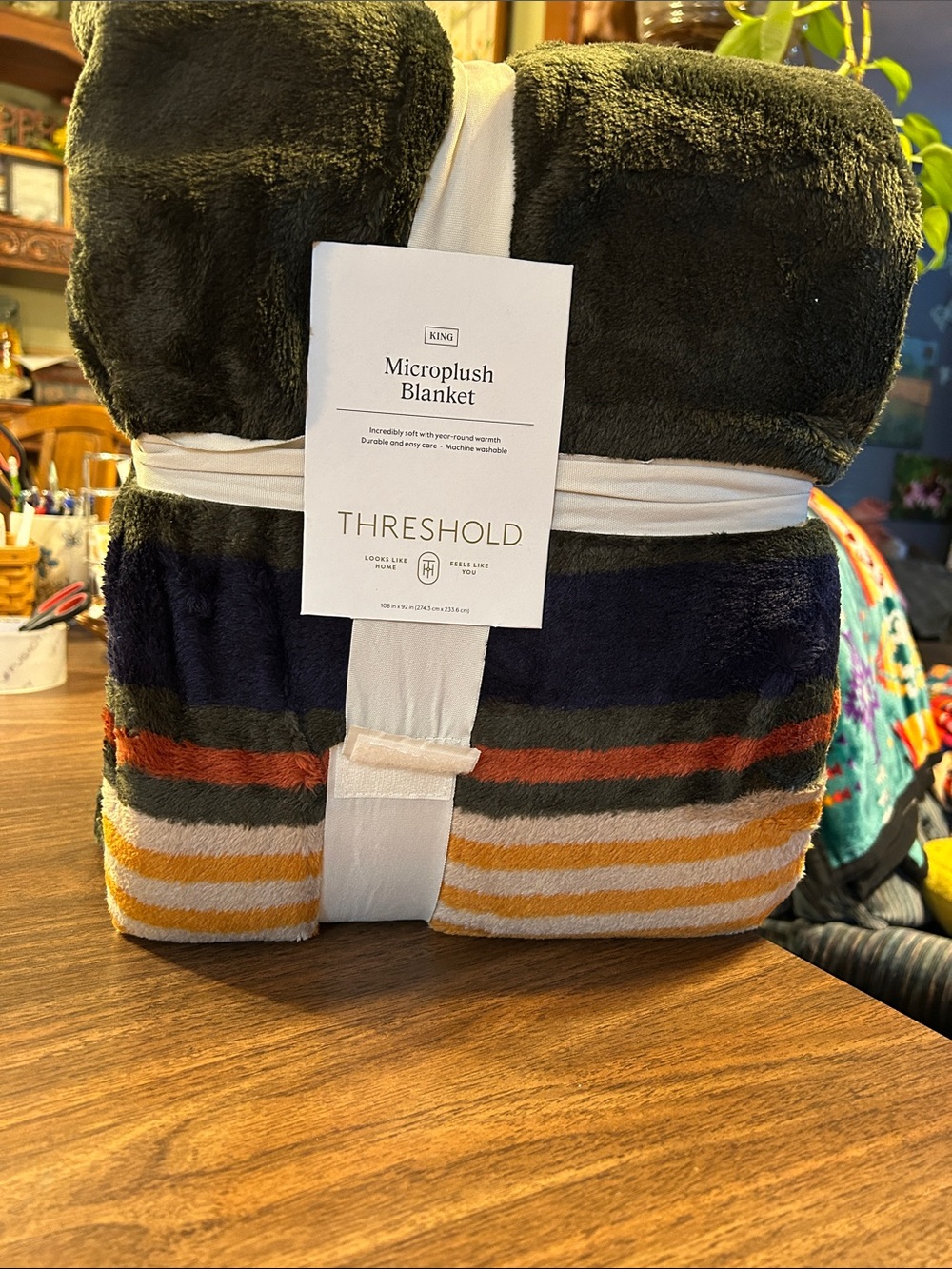 Threshold Microplush Blanket in Olive, Navy, Rust & Mustard Stripe Accents